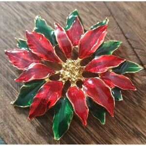 Christmas Poinsettia Flower Red Green Enamel Gold Tone Vintage Brooch